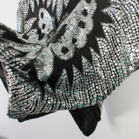 Cream Soda Sequin Top Fairycore Y2K Vtg Black 100% Silk Butterfly Silver 306 - Picture 12 of 14